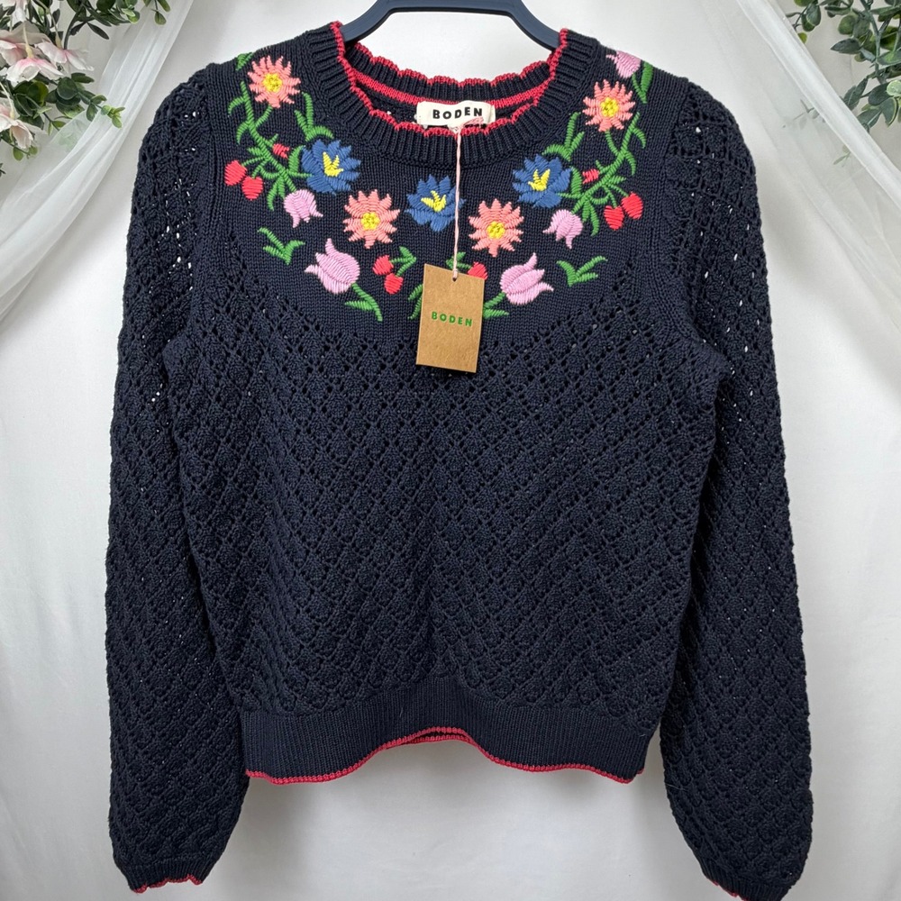 Boden Navy Pointelle Cotton Floral Embroidered Sweater XS K1057